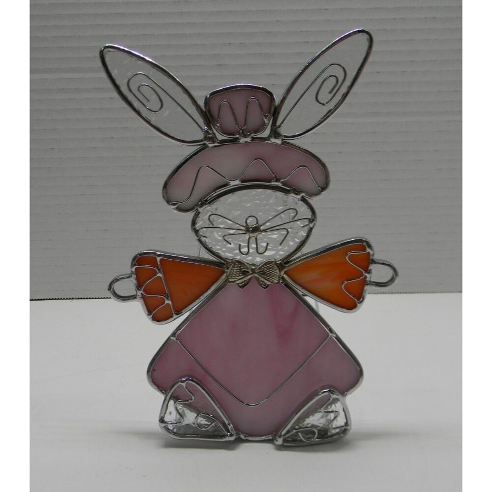 Easter Bunny Stained Glass Tealight Candle Holder Pink Orange Rabbit Vintage